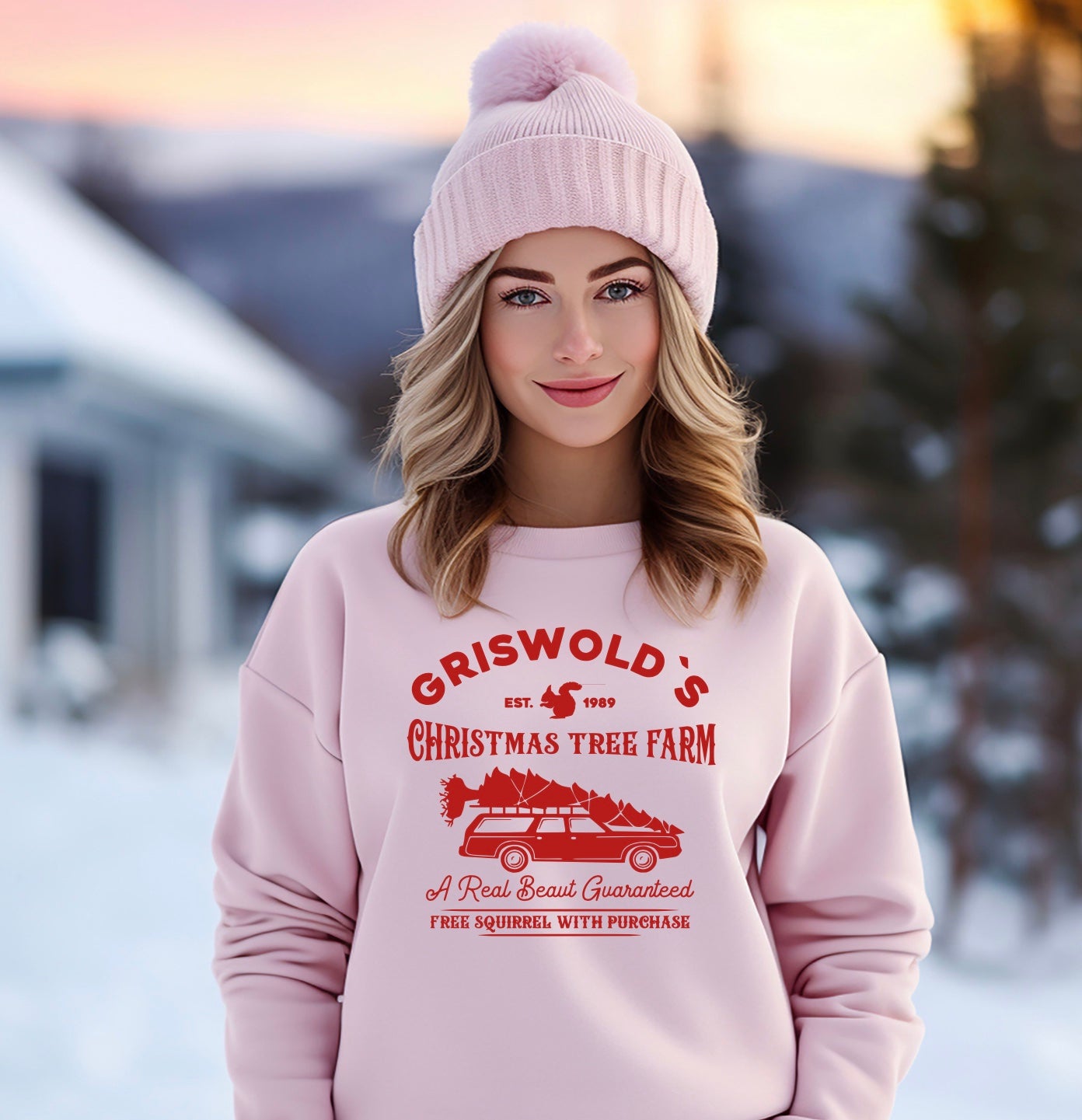 Griswold's Christmas tree farm unisex crewneck sweatshirt in pink with red graphic