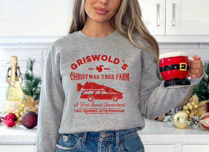 Griswold's Christmas tree farm unisex crewneck sweatshirt in grey with red graphic