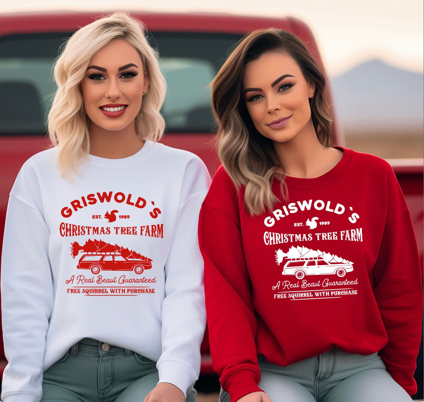 Griswold's Christmas tree farm unisex crewneck sweatshirt in white and red