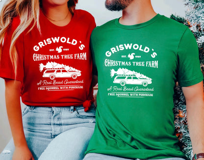 Griswold's Christmas tree farm unisex t-shirt for couples in red and green