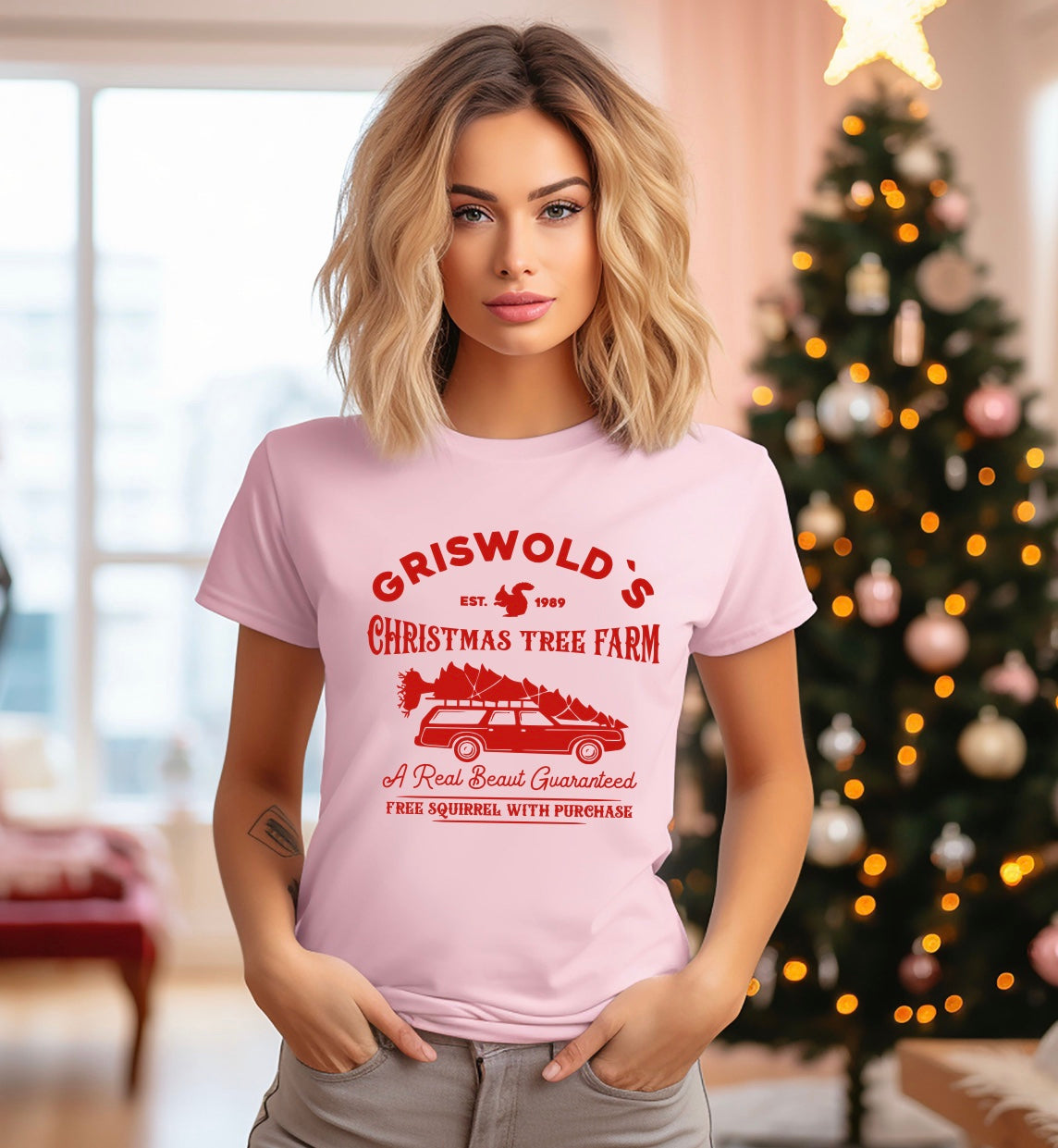 Griswold's Christmas tree farm unisex t-shirt in pink with red graphic