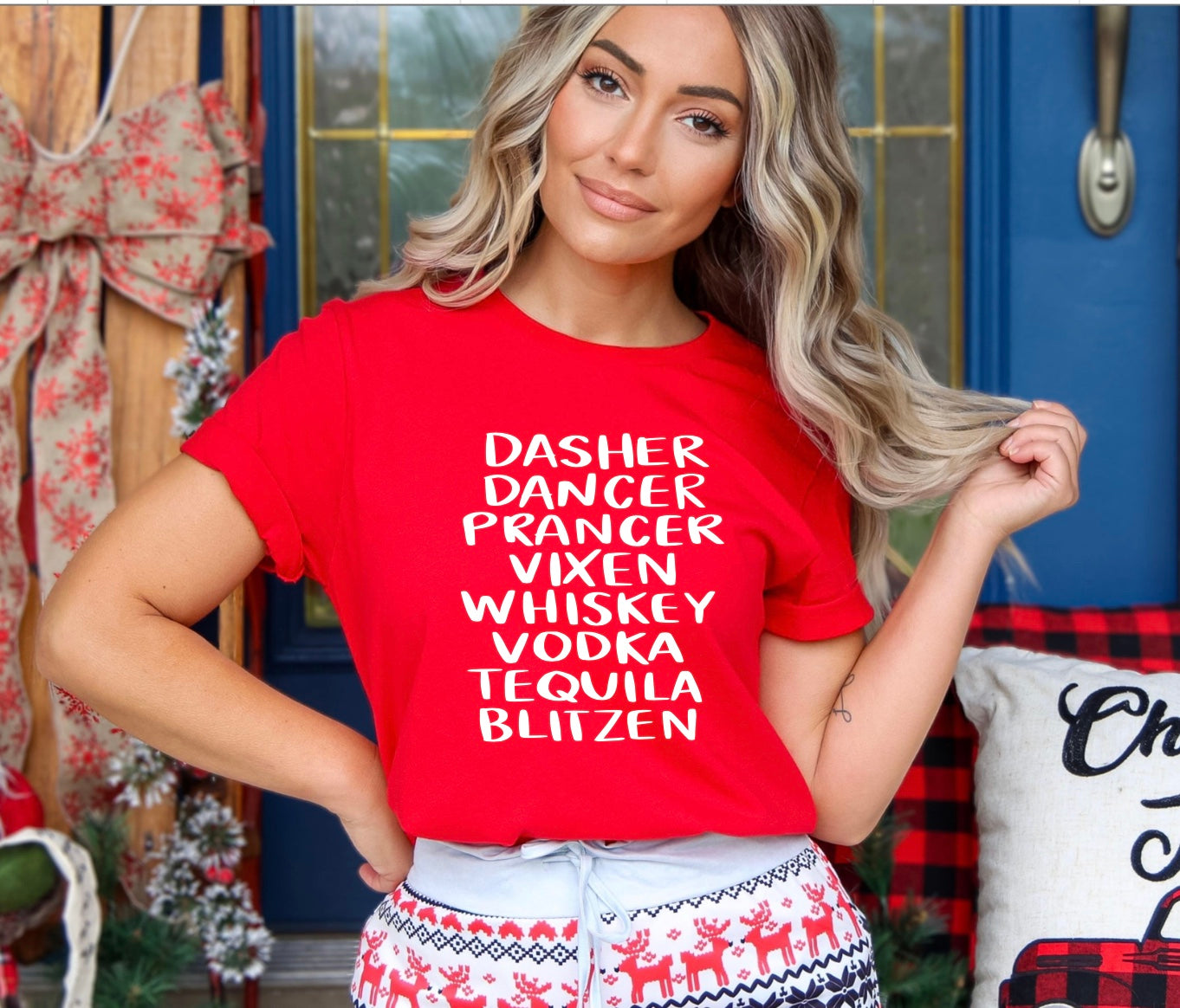 Dasher dancer prancer vixen whiskey vodka tequila blitzen t-shirt in red