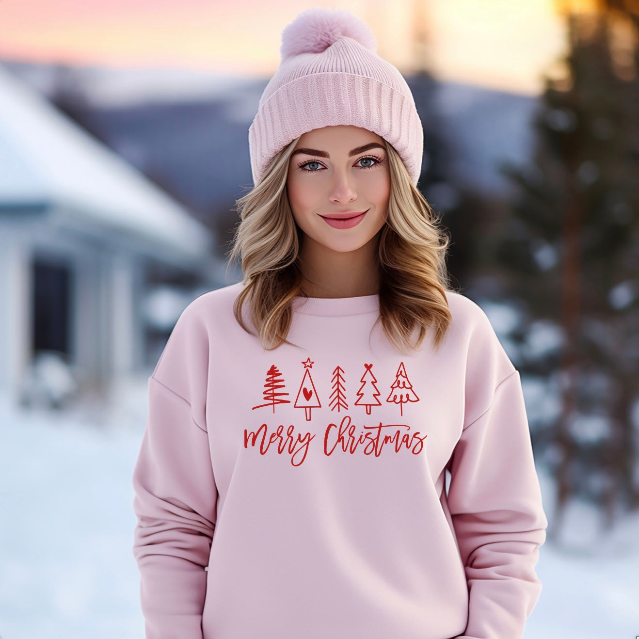 Merry Christmas crewneck sweatshirt with Christmas tree design for women in pink