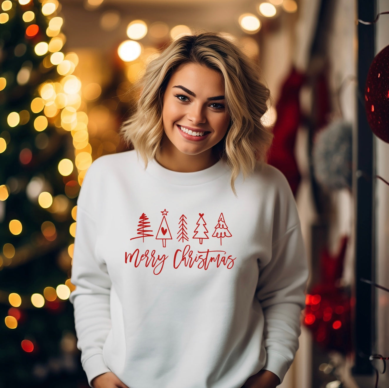 Merry Christmas crewneck sweatshirt with Christmas tree design for women in white
