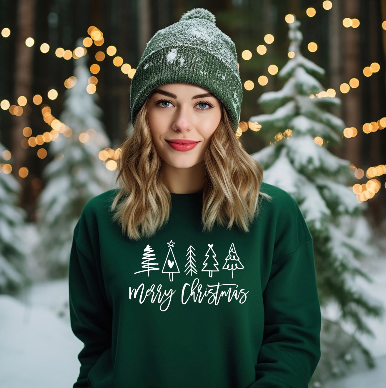 Merry Christmas crewneck sweatshirt with Christmas tree design for women in green
