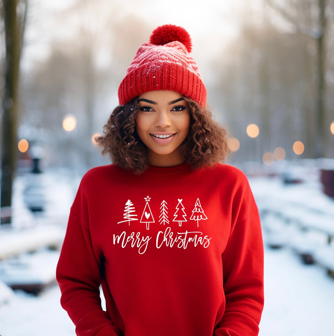 Merry Christmas crewneck sweatshirt with Christmas tree design for women in red