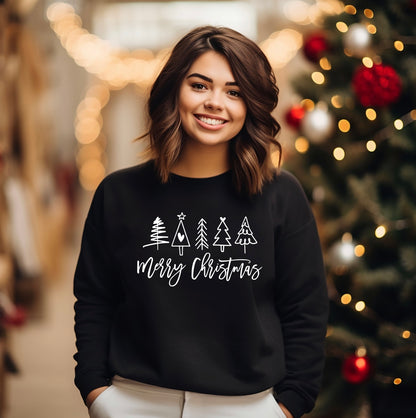 Merry Christmas crewneck sweatshirt with Christmas tree design for women in black