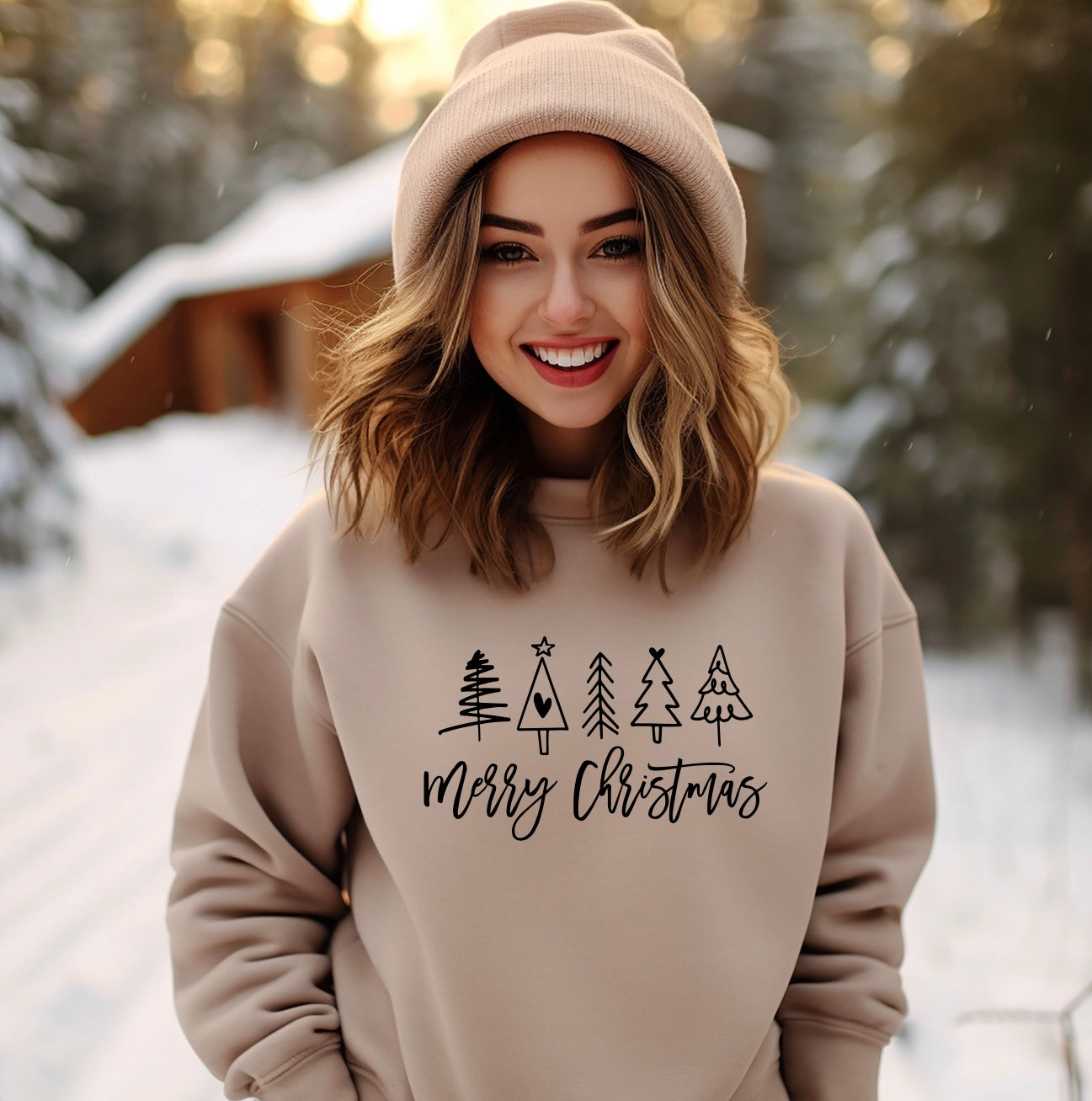 Merry Christmas crewneck sweatshirt with Christmas tree design for women in sand