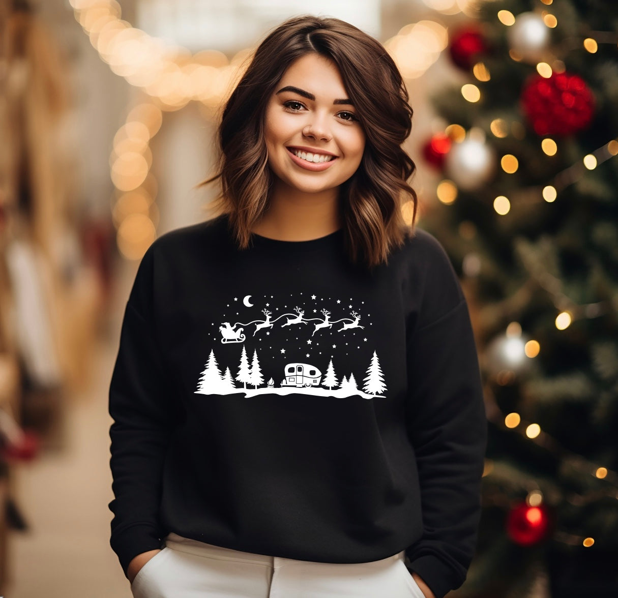 Christmas Camping Graphic unisex crewneck sweatshirt in black