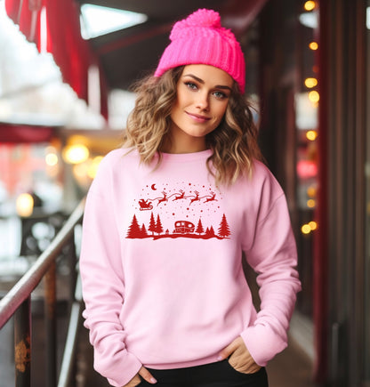 Christmas Camping Graphic unisex crewneck sweatshirt in pink