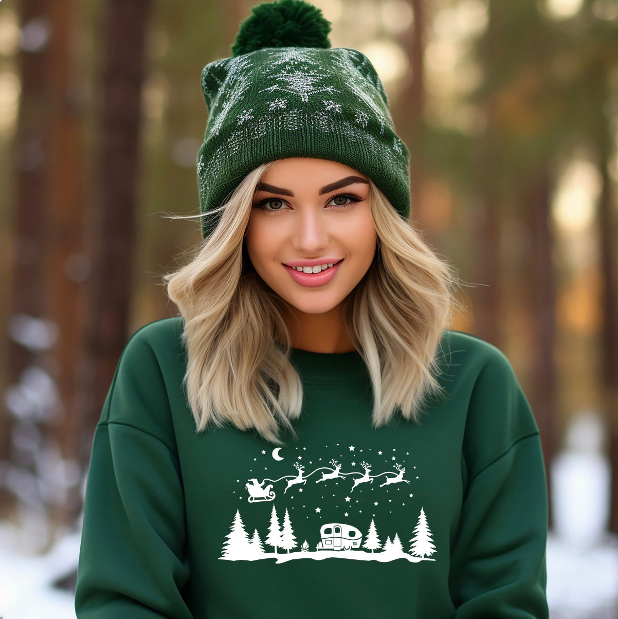 Christmas Camping Graphic unisex crewneck sweatshirt in green