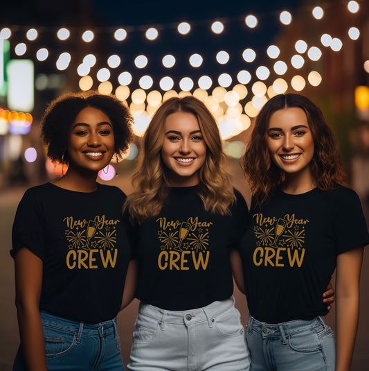 new year crew unisex t-shirt for groups in black with gold graphic