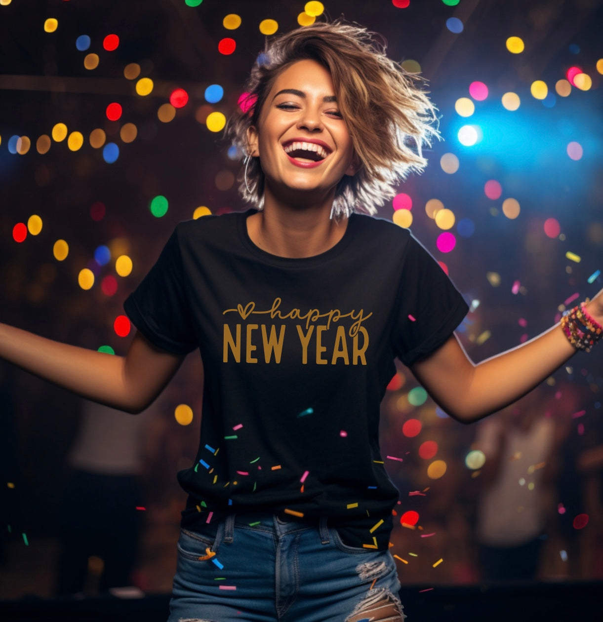 happy new year unisex t-shirt in black with gold graphic