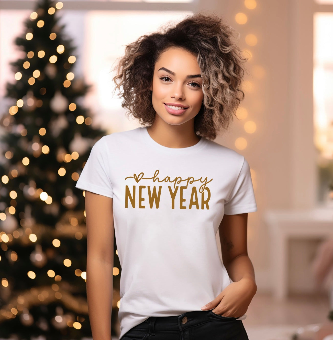 happy new year unisex t-shirt in white with gold graphic