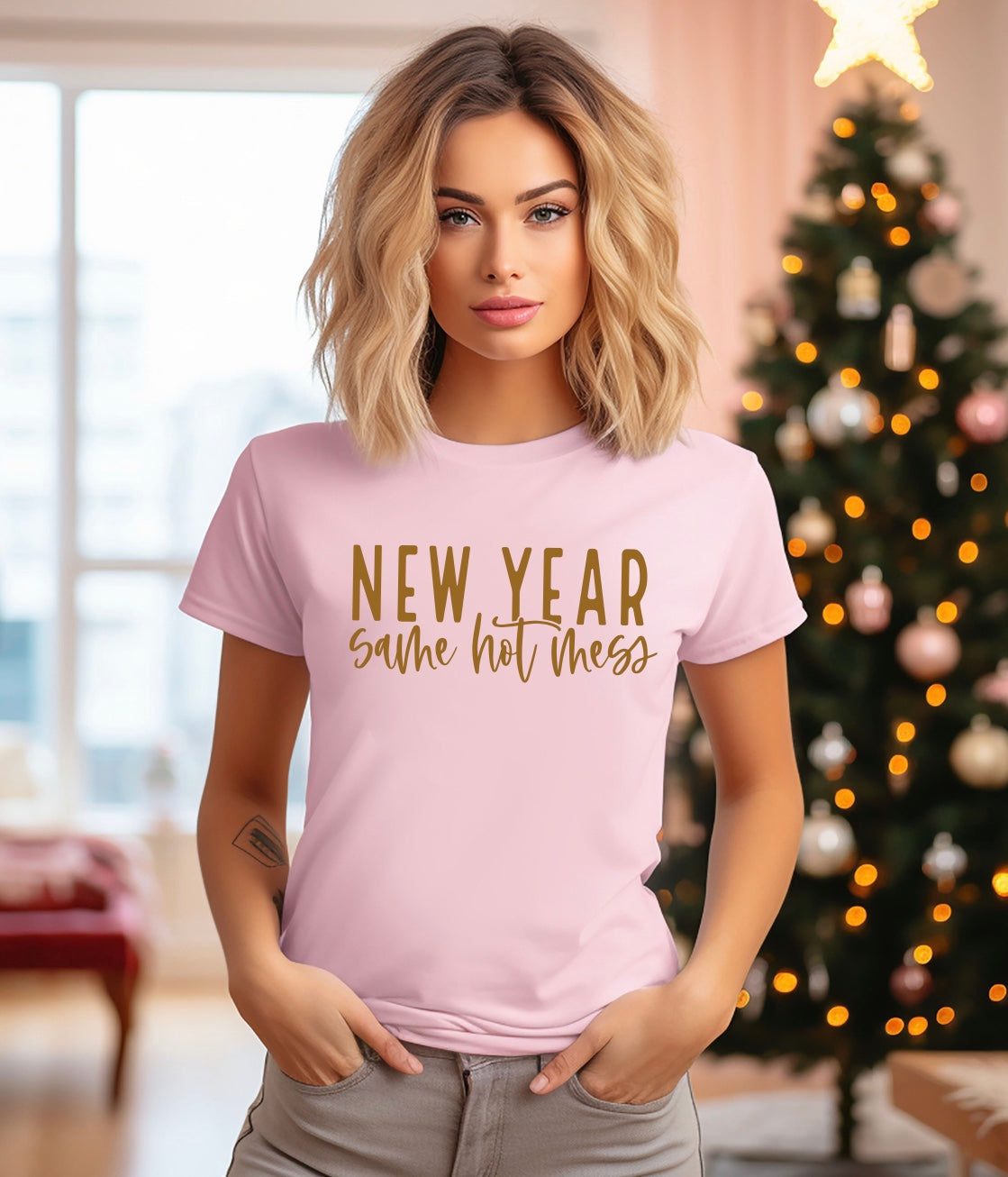 new year same hot mess unisex t-shirt in pink with gold graphic