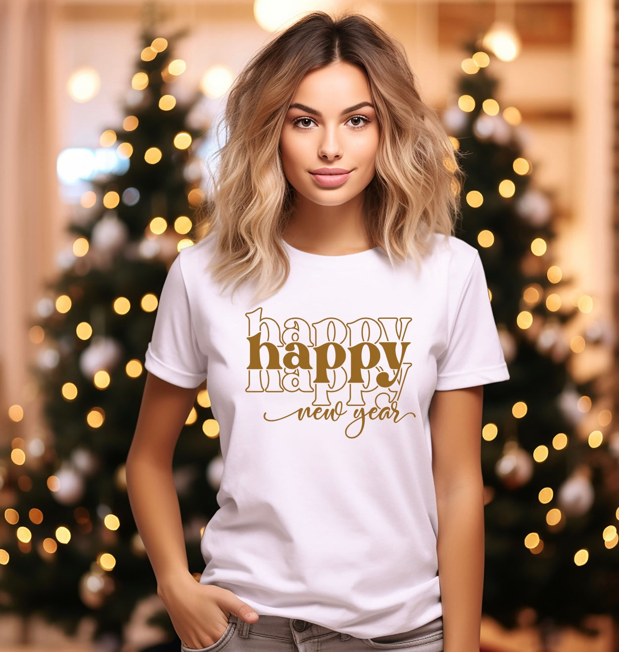 happy new year unisex t-shirt in white with gold graphic