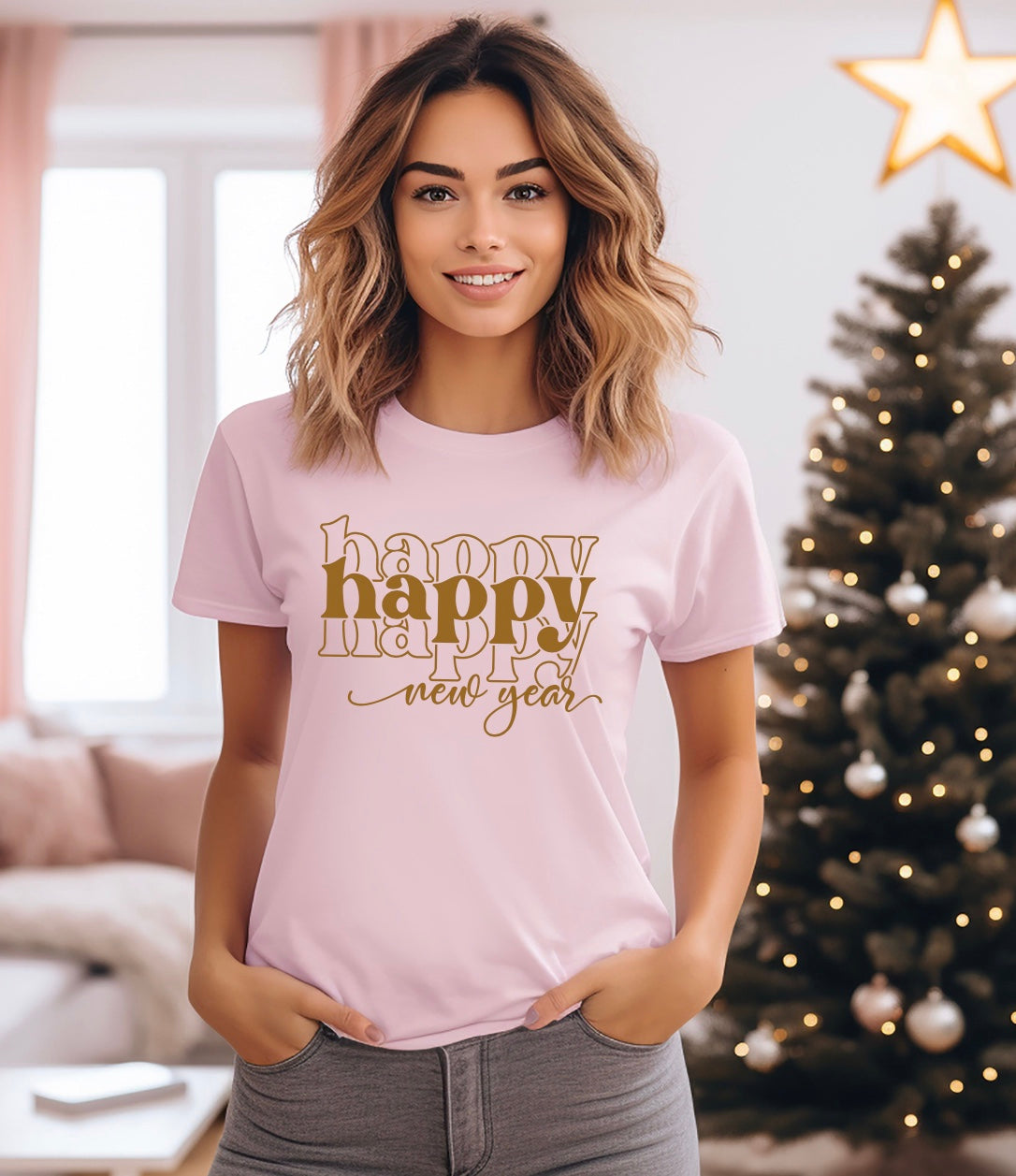 happy new year unisex t-shirt in pink with gold graphic