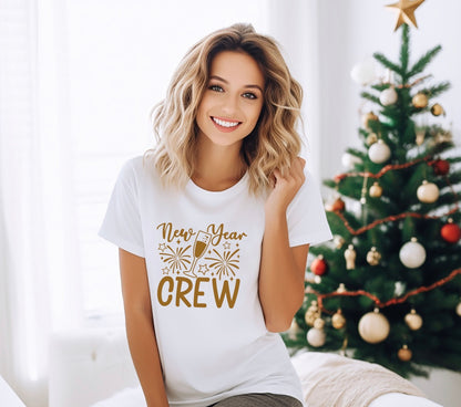 new year crew unisex t-shirt for groups in white with gold graphic