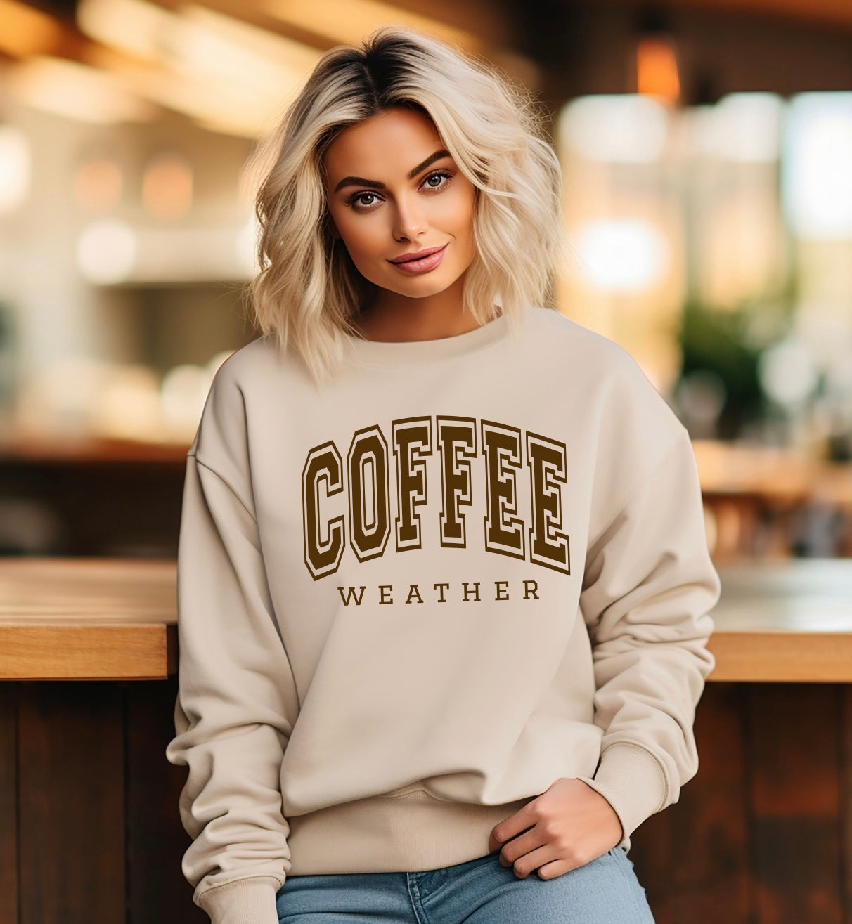 Coffee weather crewneck  in sand with brown lettering 