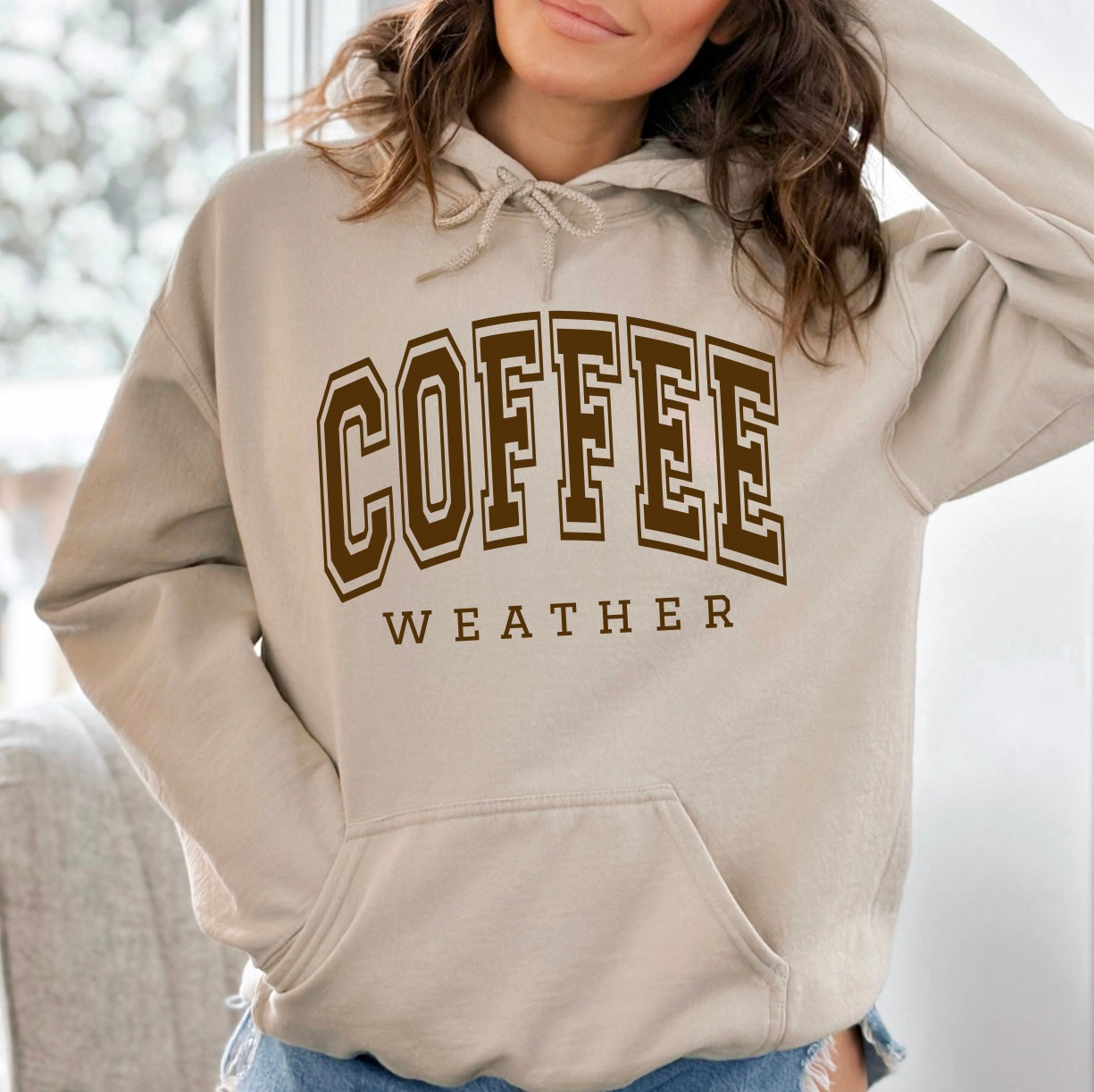 Coffee weather hoodie in sand with brown lettering 