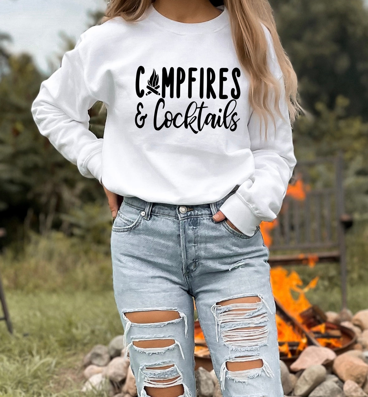 Campfires and cocktails unisex Gildan crewneck sweatshirt in white