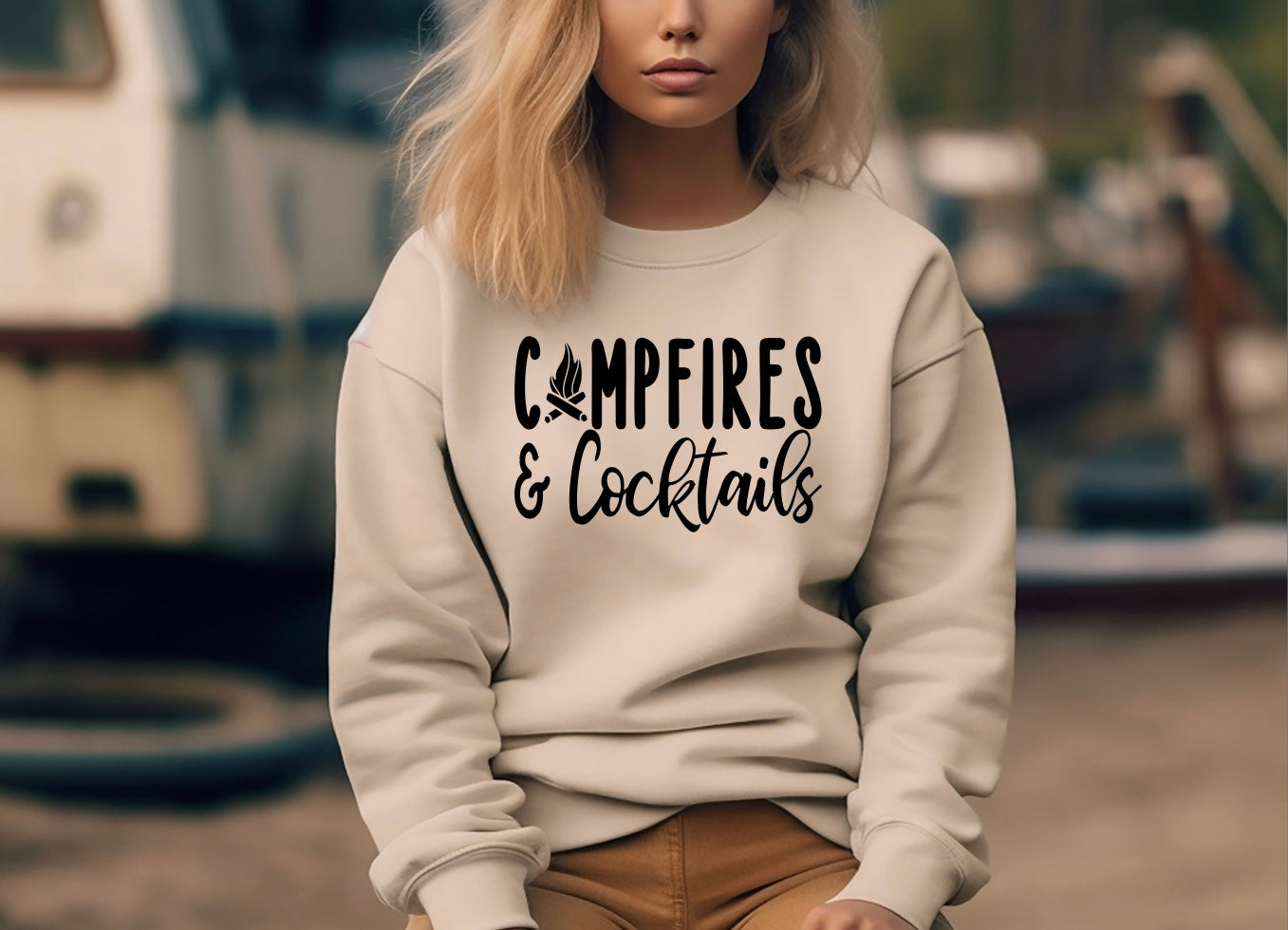 Campfires and cocktails unisex Gildan crewneck sweatshirt in sand