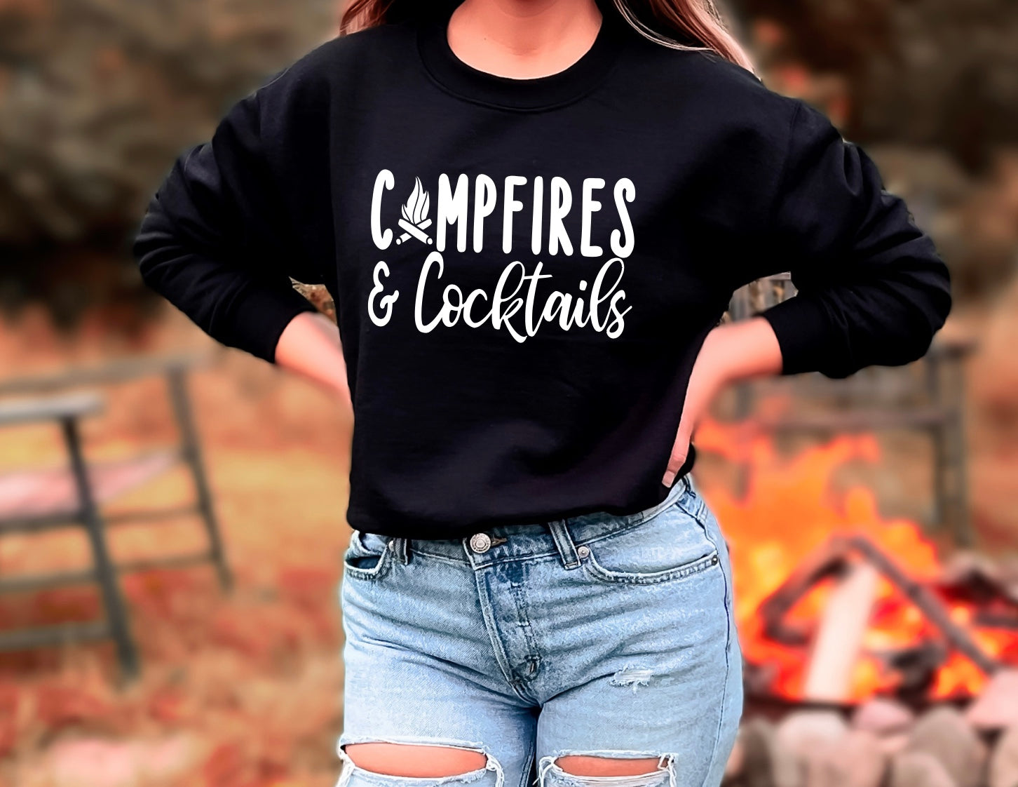Campfires and cocktails unisex Gildan crewneck sweatshirt in black