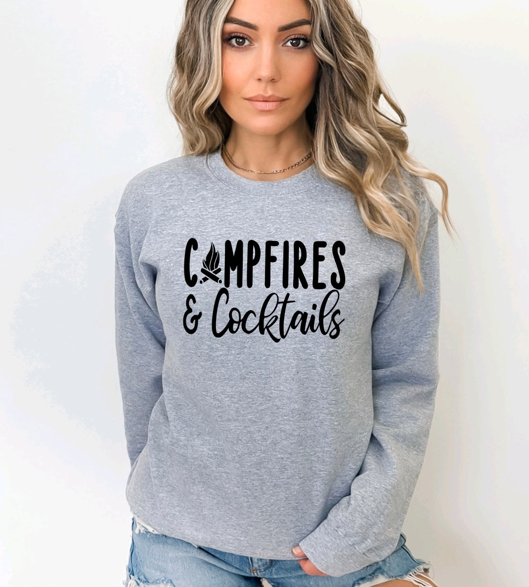 Campfires and cocktails unisex Gildan crewneck sweatshirt in grey