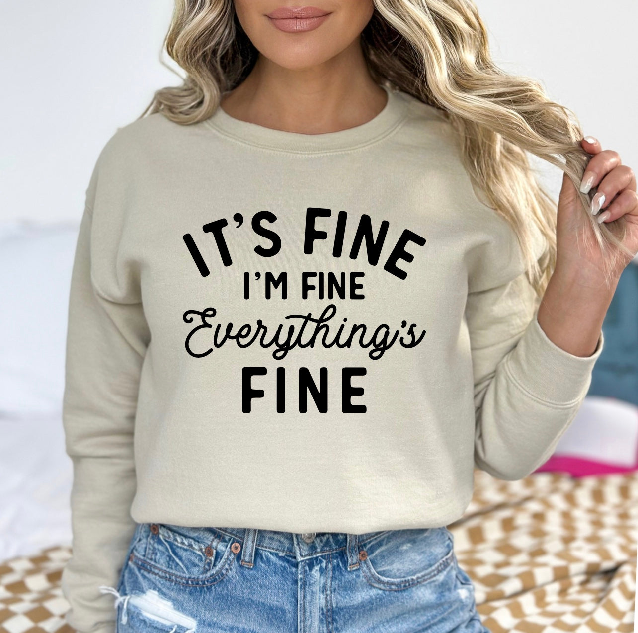 It’s Fine I’m Fine Everything’s Fine unisex sarcastic Gildan crewneck sweatshirt in sand