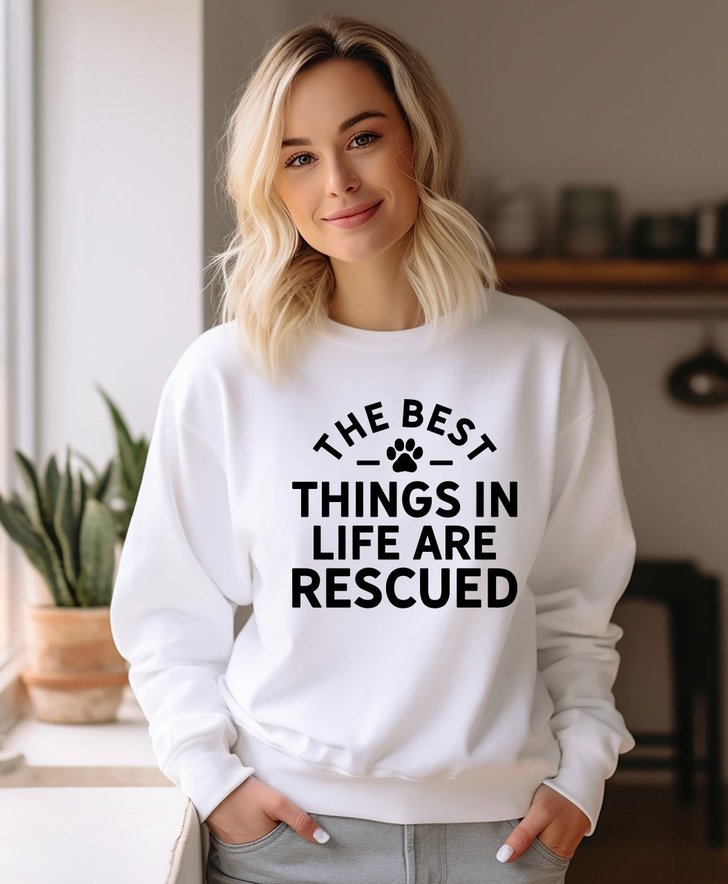 The best things in life are rescued unisex crewneck sweatshirt in white