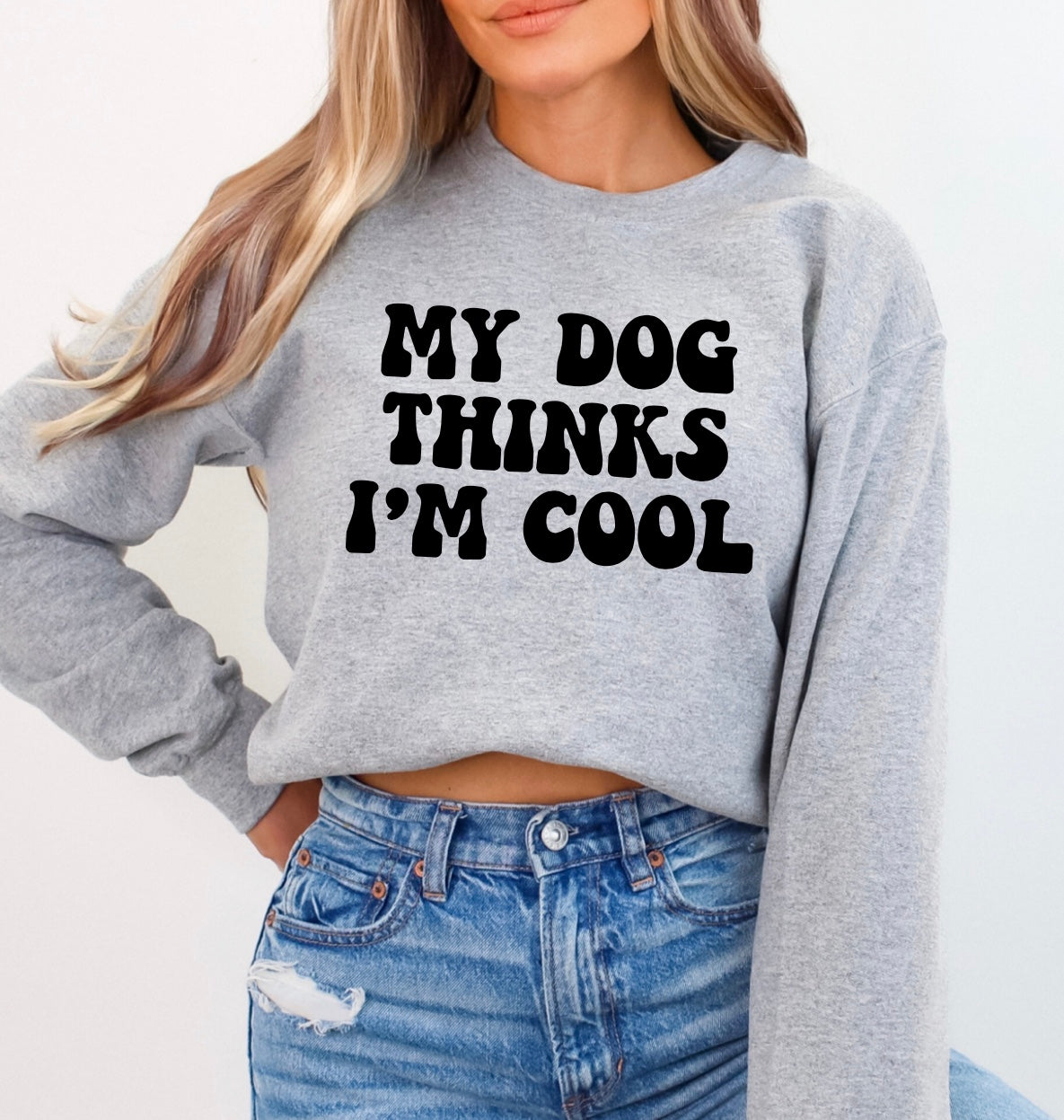 My dog thinks I’m cool unisex crewneck sweatshirt in grey