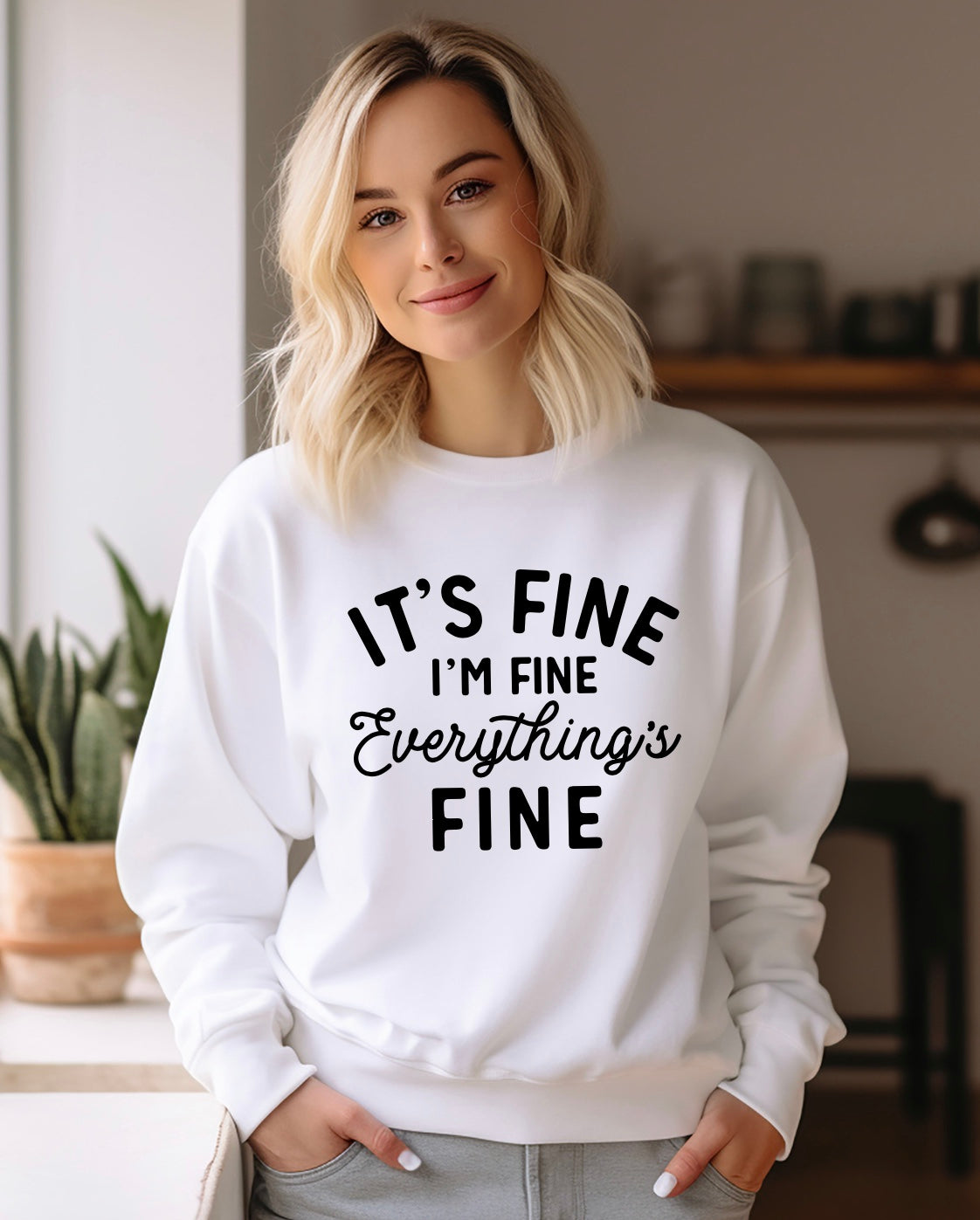 It’s Fine I’m Fine Everything’s Fine unisex sarcastic Gildan crewneck sweatshirt in white