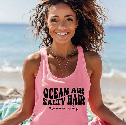 Ocean Air and Salty Hair racerback tank top in hot pink with black graphic