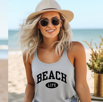 Beach life varsity print racerback tank top in grey with black graphic