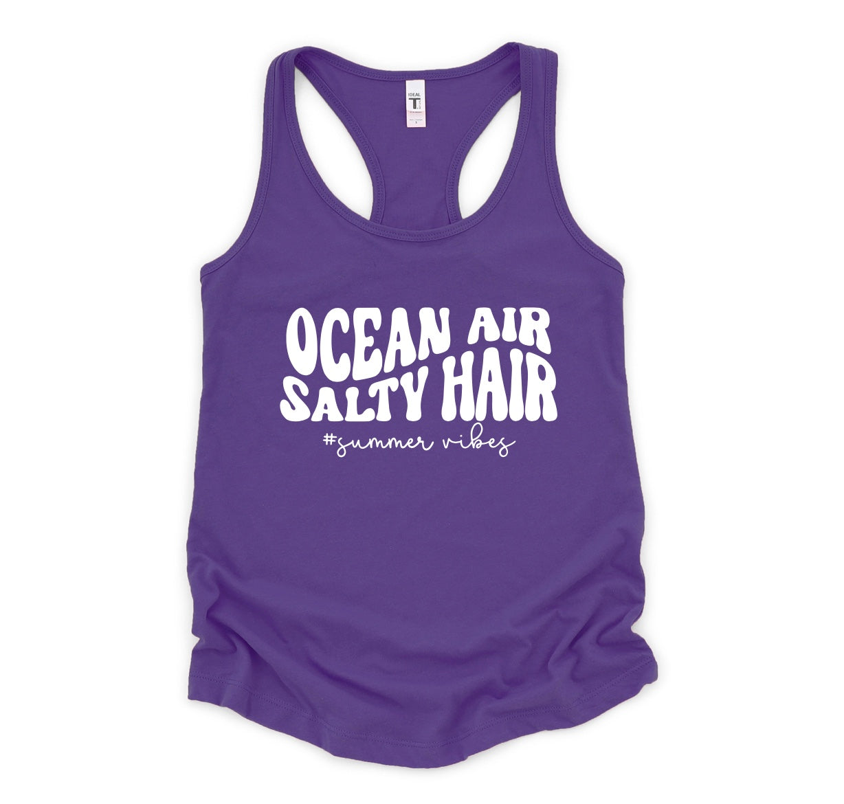 Ocean Air and Salty Hair racerback tank top in purple with white graphic