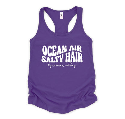 Ocean Air and Salty Hair racerback tank top in purple with white graphic