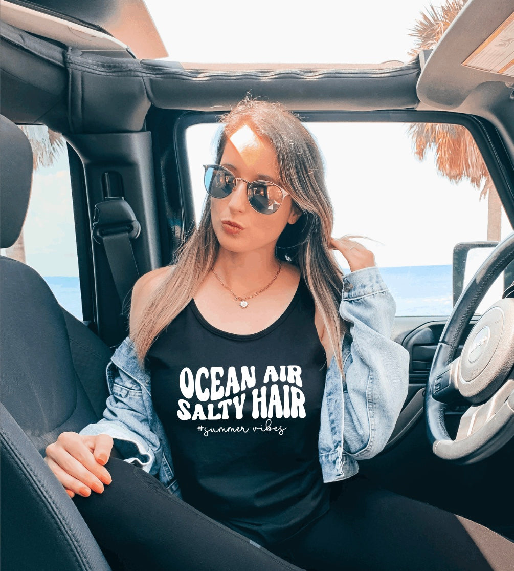 Ocean Air and Salty Hair racerback tank top in black with white graphic