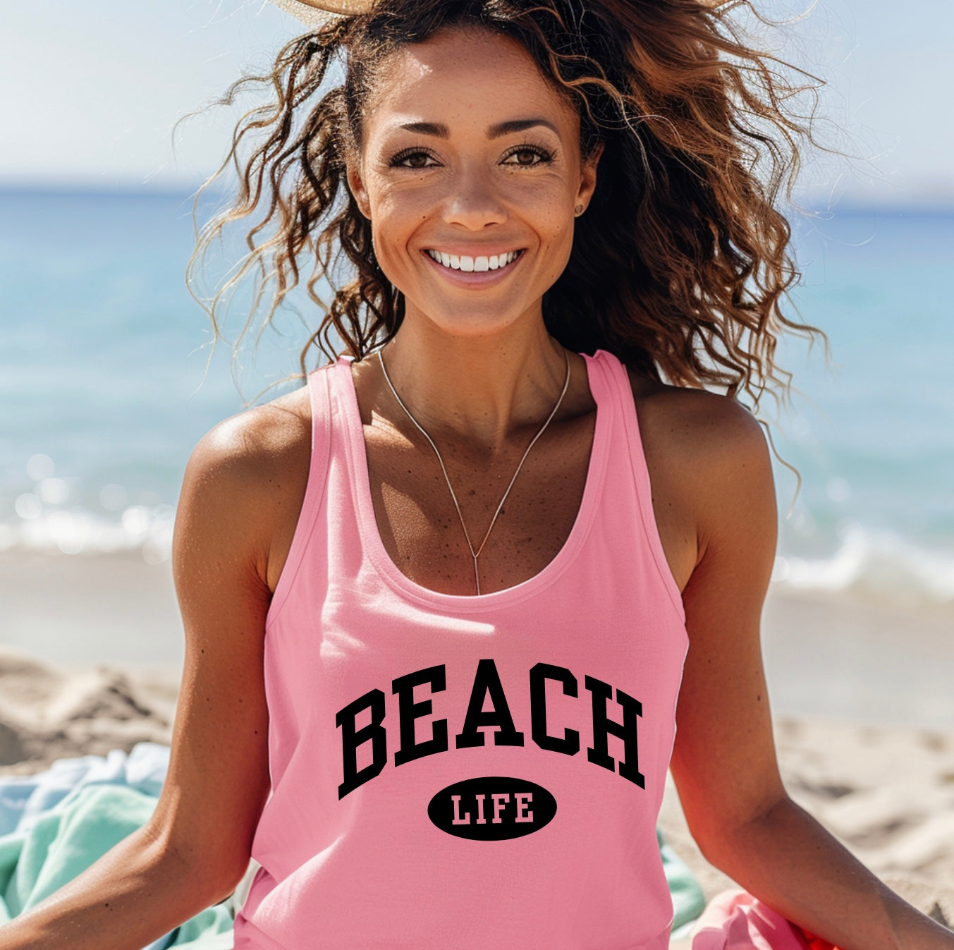 Beach life varsity print racerback tank top in hot pink with black  graphic