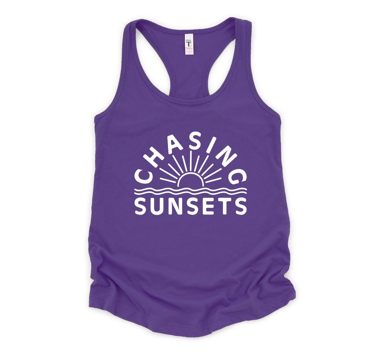 Chasing sunsets racerback tank top in purple with white graphic 