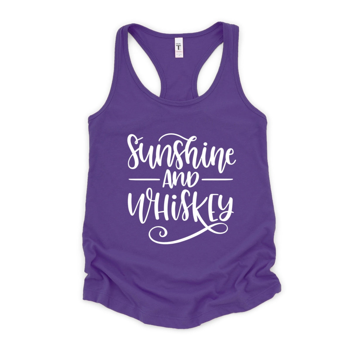 Sunshine and Whiskey racerback tank top in purple with white graphic 