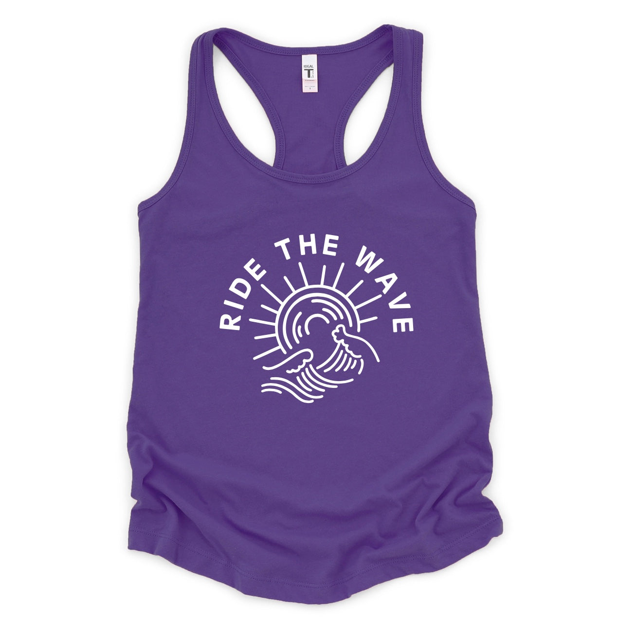 Ride the Wave racerback tank top in purple rush with white graphic 