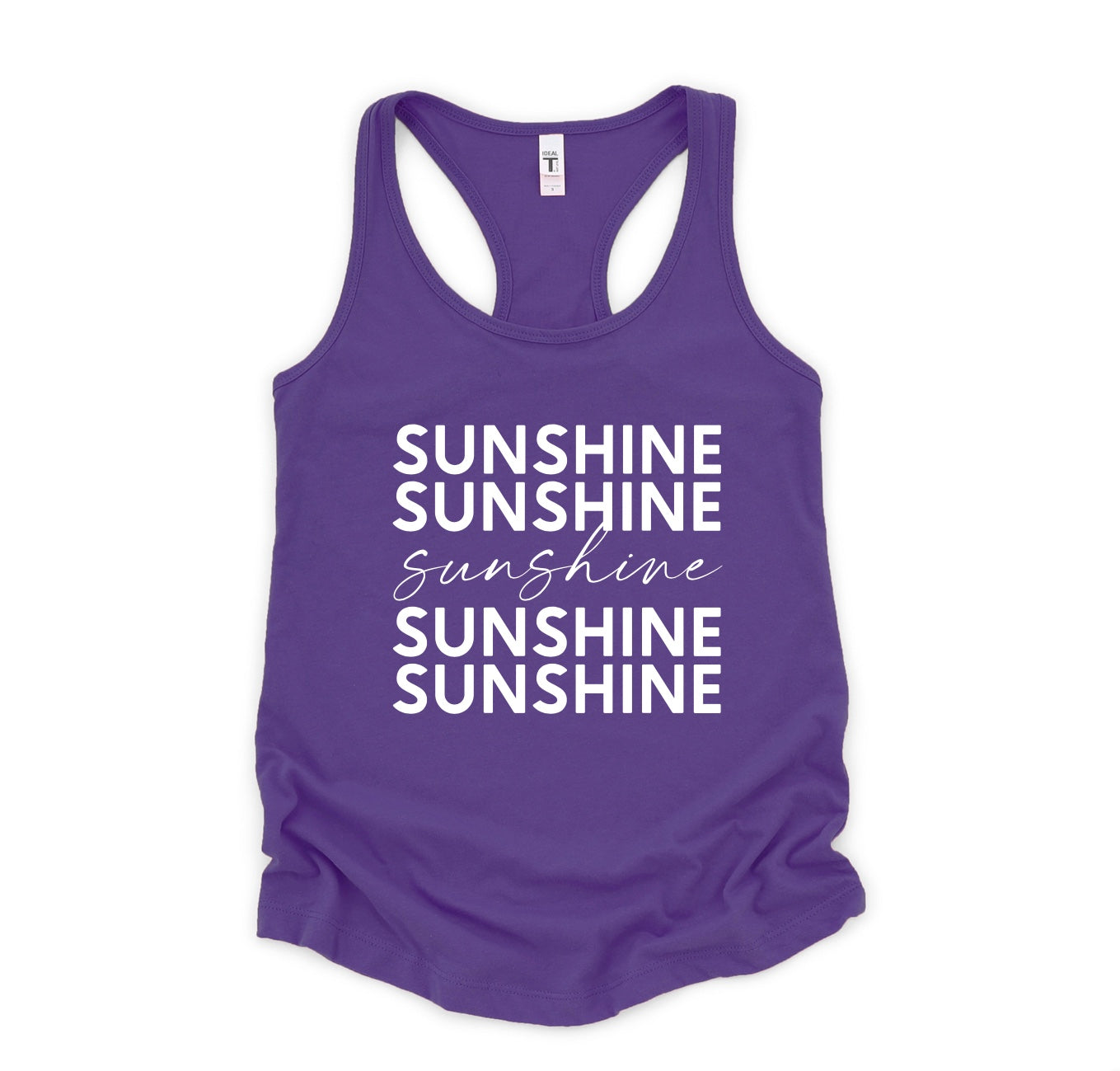 Sunshine repeating text racerback tank top in purple rush with white graphic