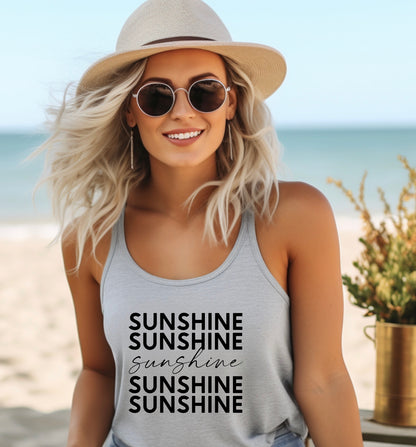 Sunshine repeating text racerback tank top in grey with black graphic