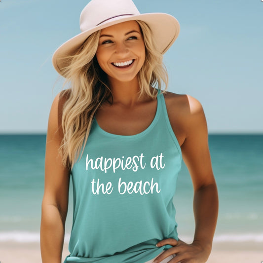 Happiest at the beach racerback tank top in tahiti with white graphic 