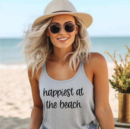 Happiest at the beach racerback tank top in grey with black graphic 