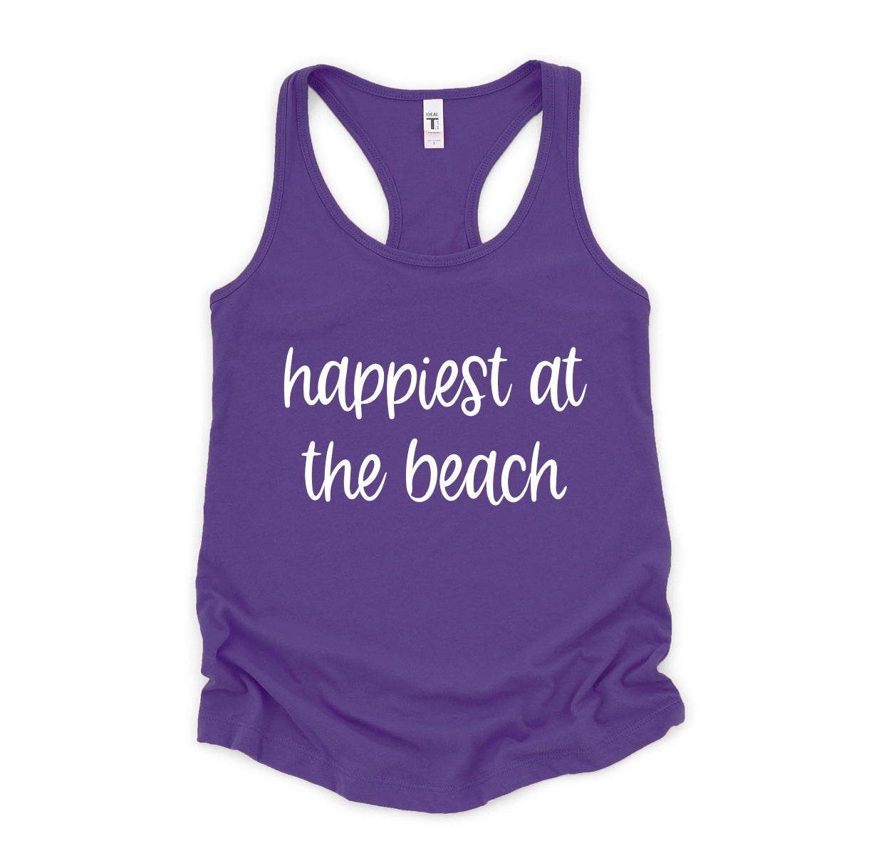 Happiest at the beach racerback tank top in purple rush with white graphic 