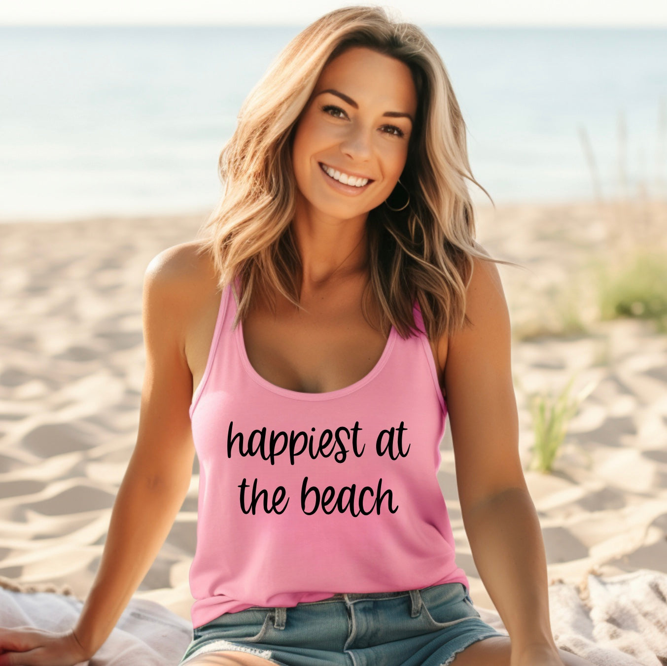 Happiest at the beach racerback tank top in pink with black graphic 