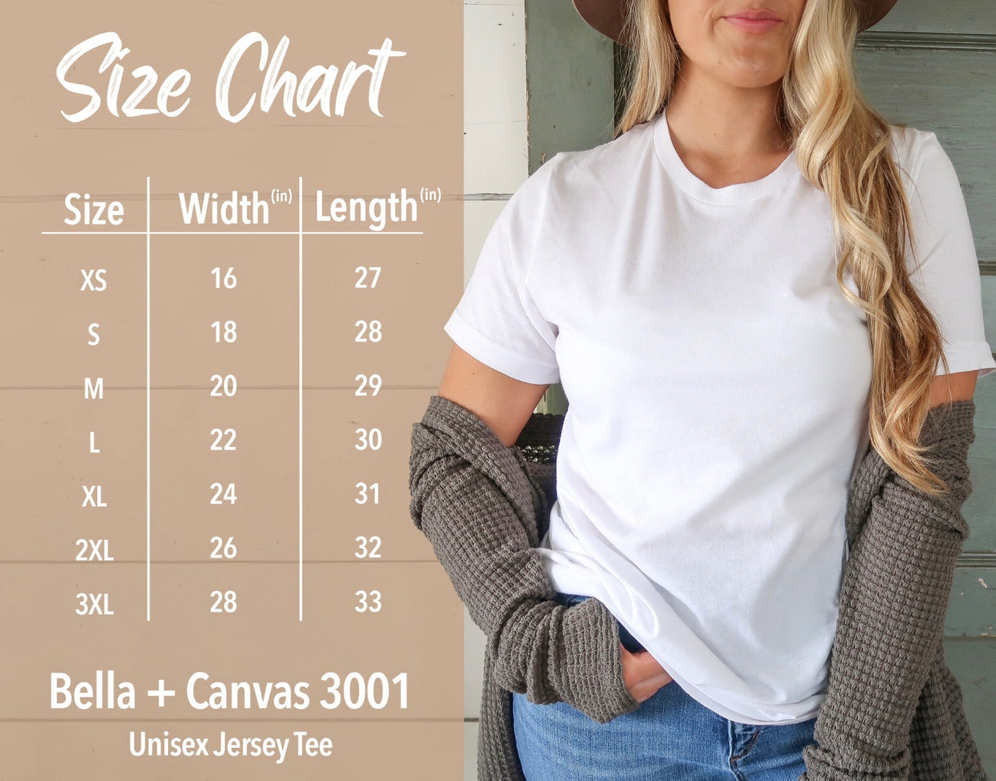 bella canvas 3001 size chart