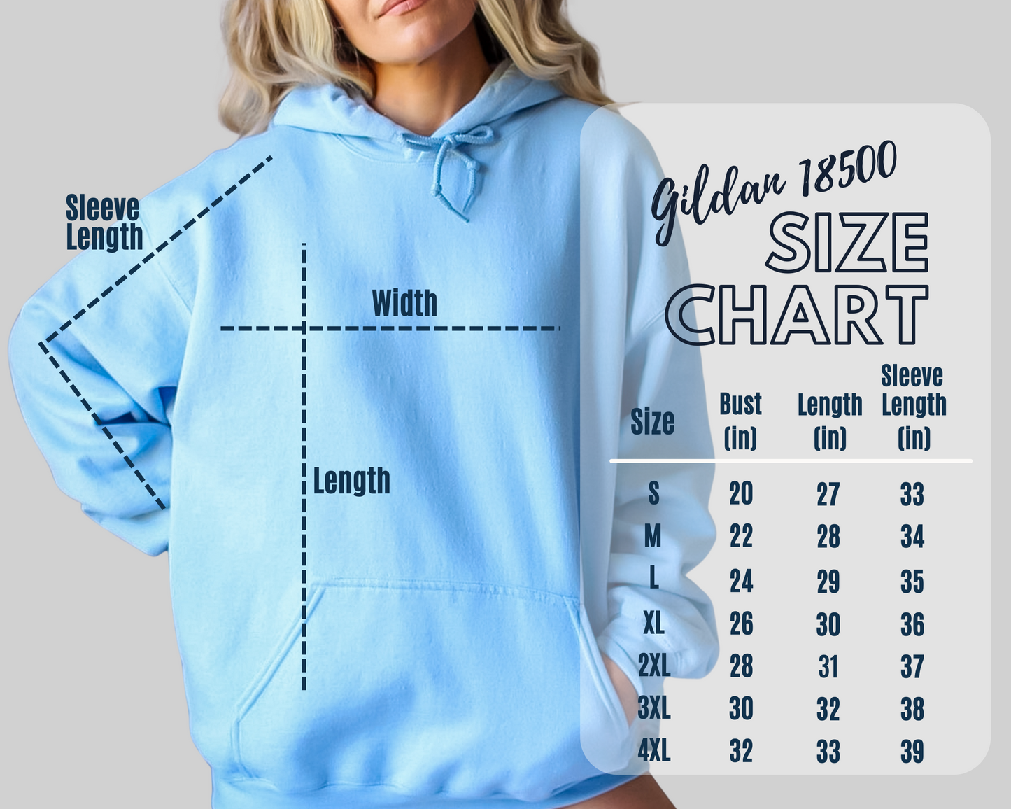 Gildan 18500 hoodie size chart