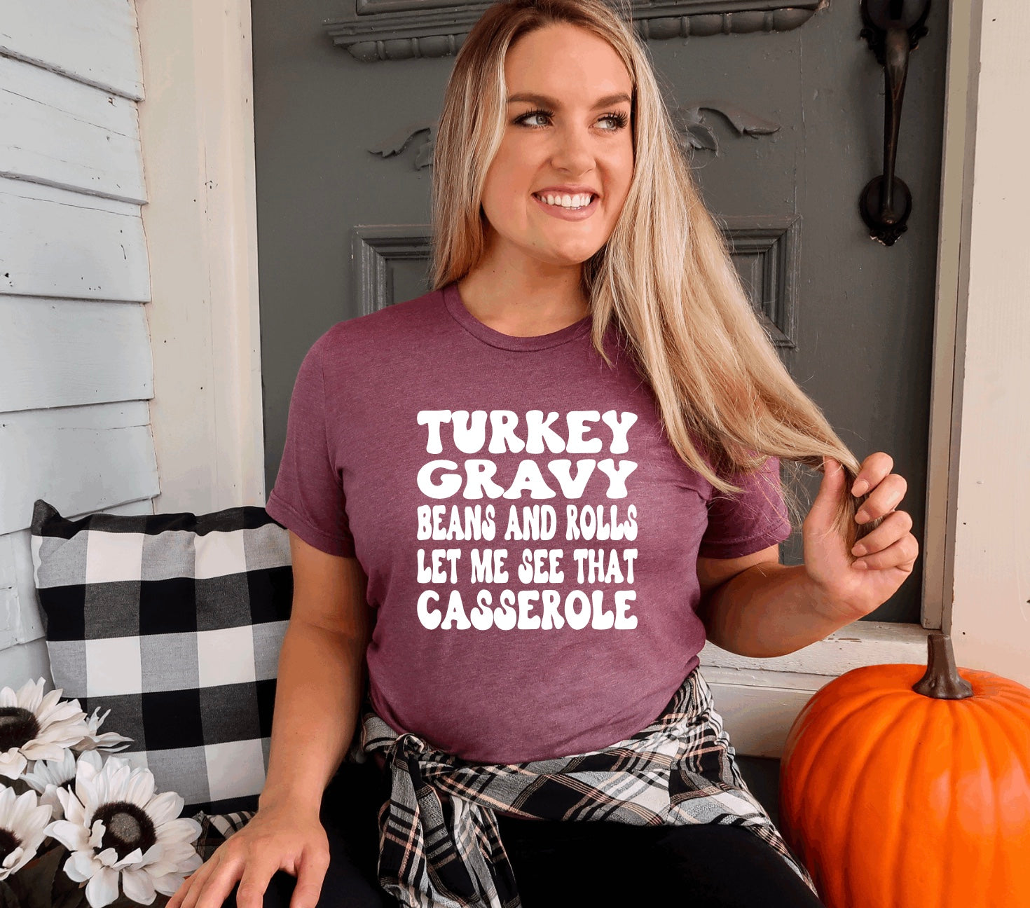 Turkey gravy beans and rolls let me see that casserole | funny thanksgiving t-shirt in heather maroon 